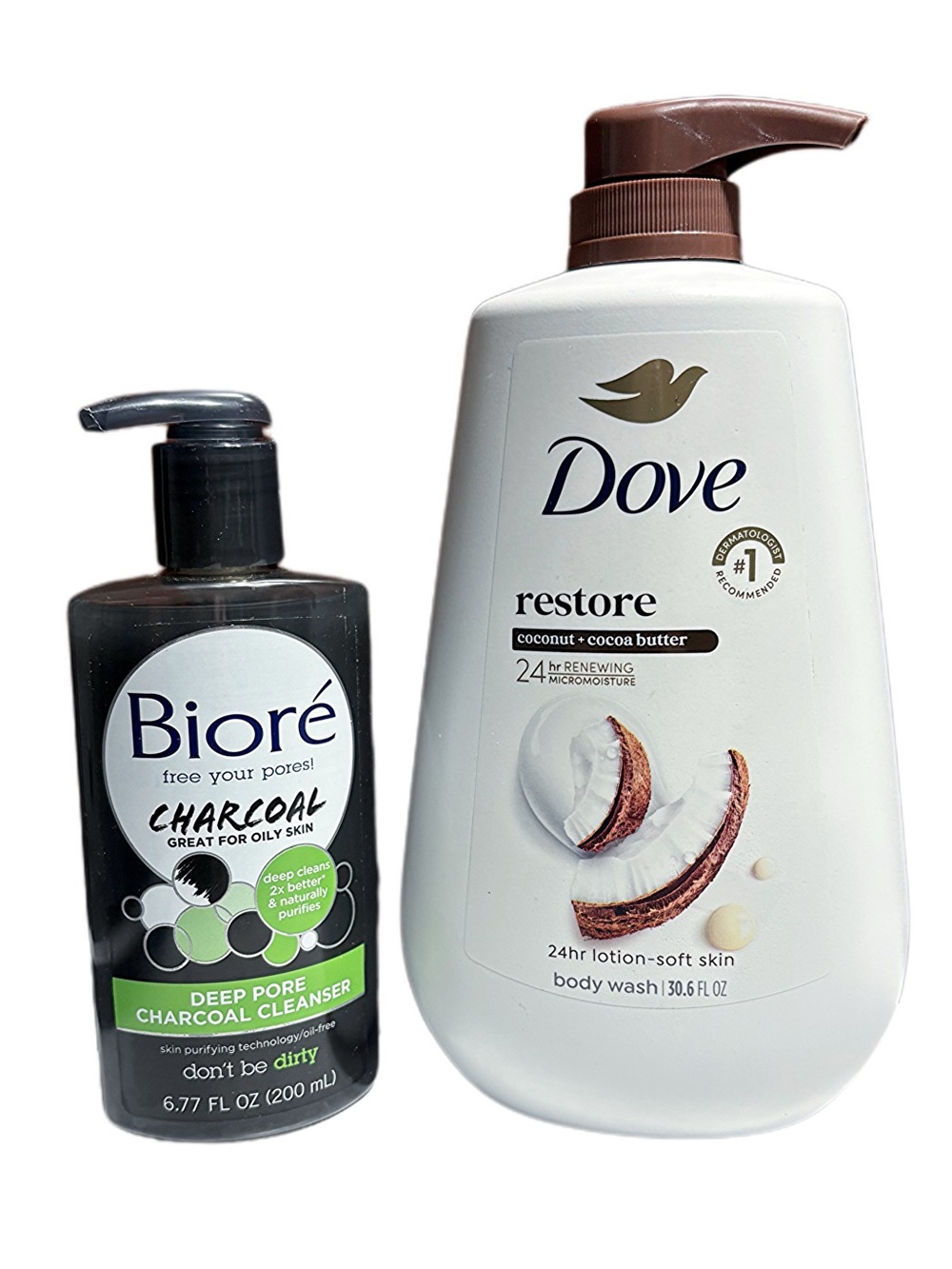Dove Restore Coconut + Cocoa Butter Body Wash & Biore Charcoal Cleanser NEW